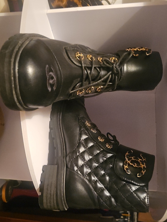 Shoes - Black Quilted Leather Lace-Up Combat Boots with Gold Chain Accents